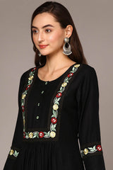 Black Rayon Bandhani Round Neck KurtI Set