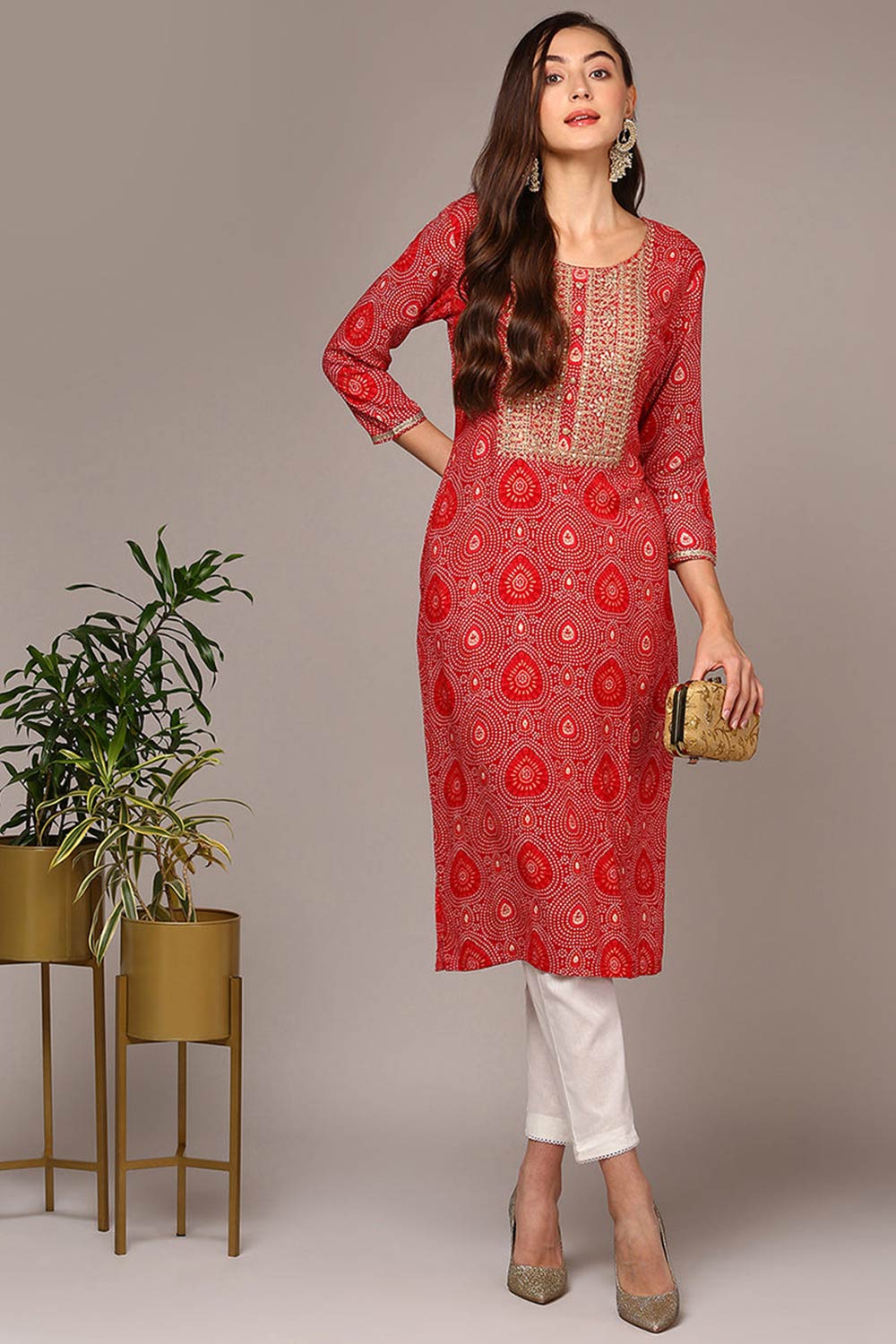 Red Rayon Bandhani Round Neck KurtI Set