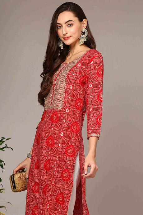 Red Rayon Bandhani Round Neck KurtI Set