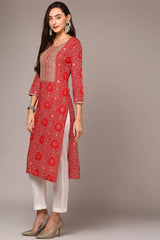 Red Rayon Bandhani Round Neck KurtI Set