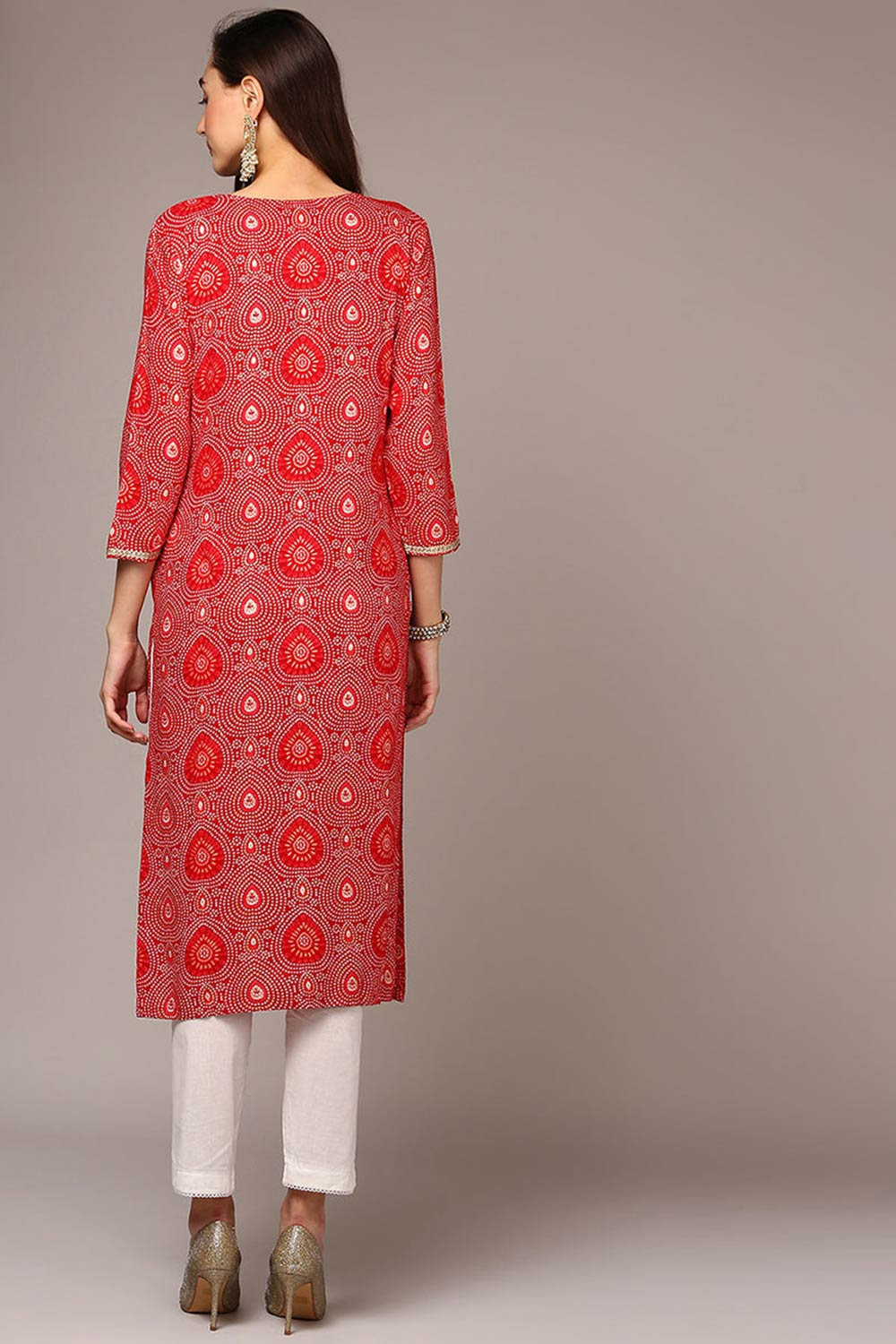 Red Rayon Bandhani Round Neck KurtI Set