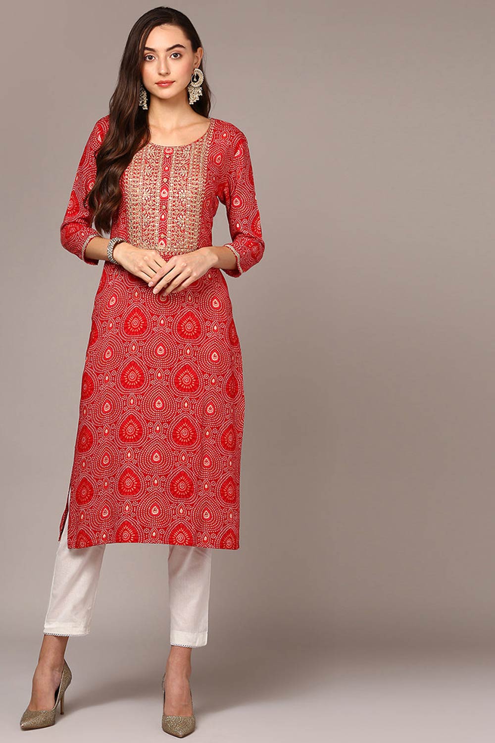 Red Rayon Bandhani Round Neck KurtI Set