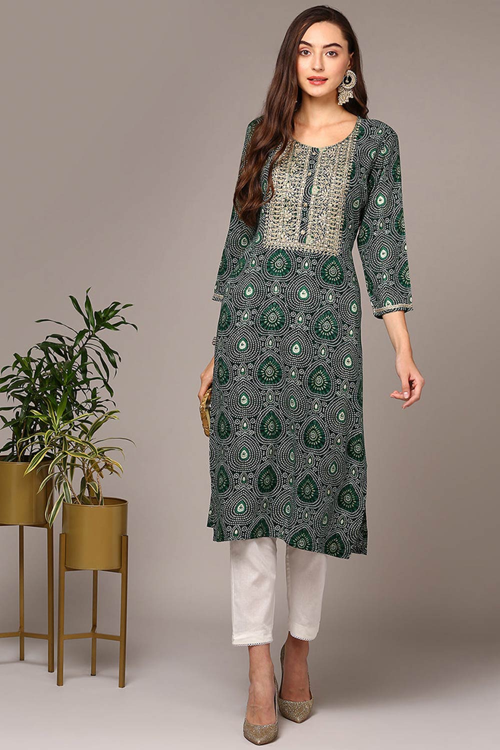 Green Rayon Embroidered Round Neck KurtI Set