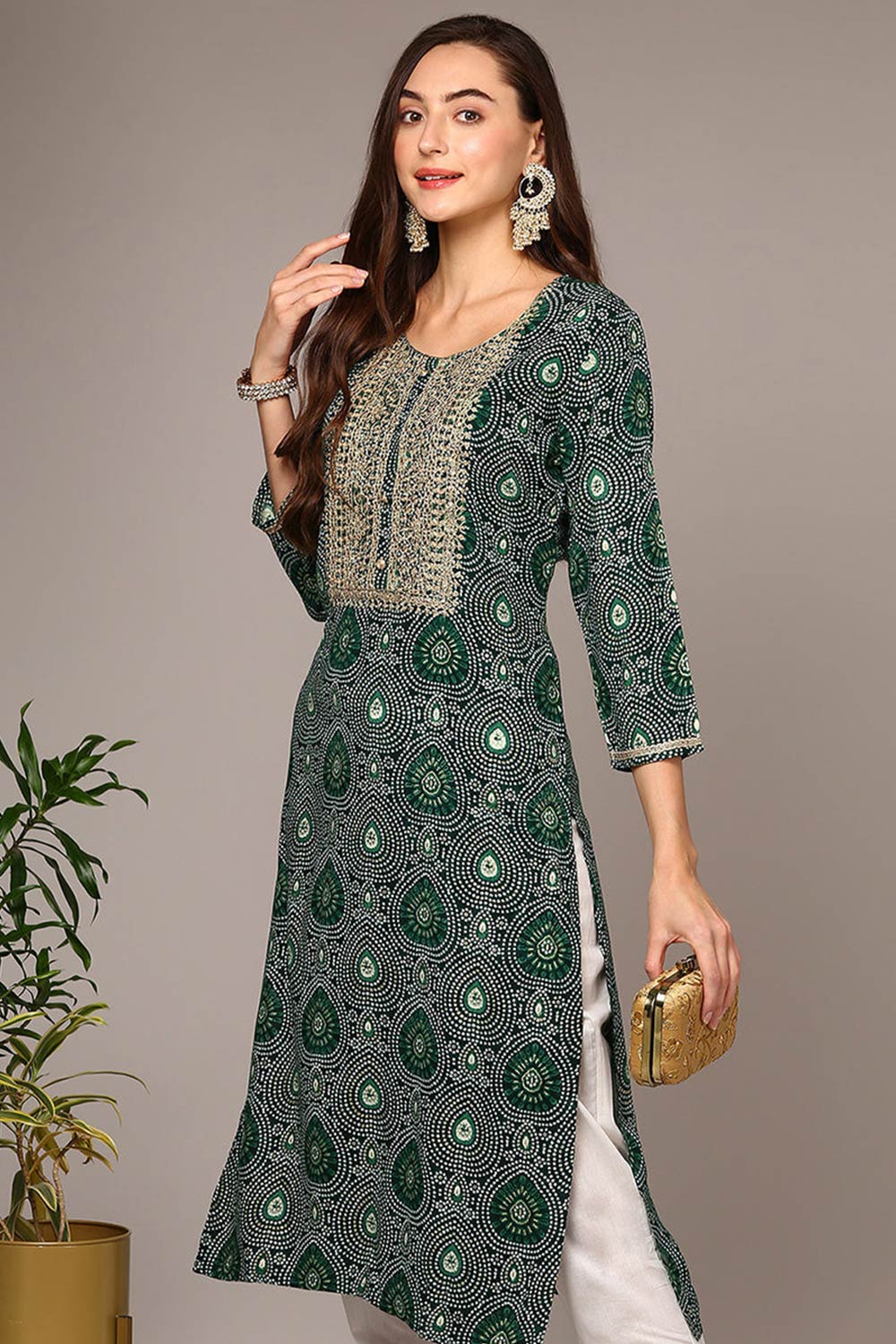 Green Rayon Embroidered Round Neck KurtI Set