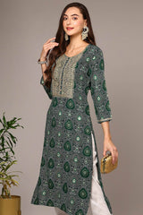 Green Rayon Embroidered Round Neck KurtI Set