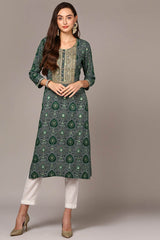 Green Rayon Embroidered Round Neck KurtI Set