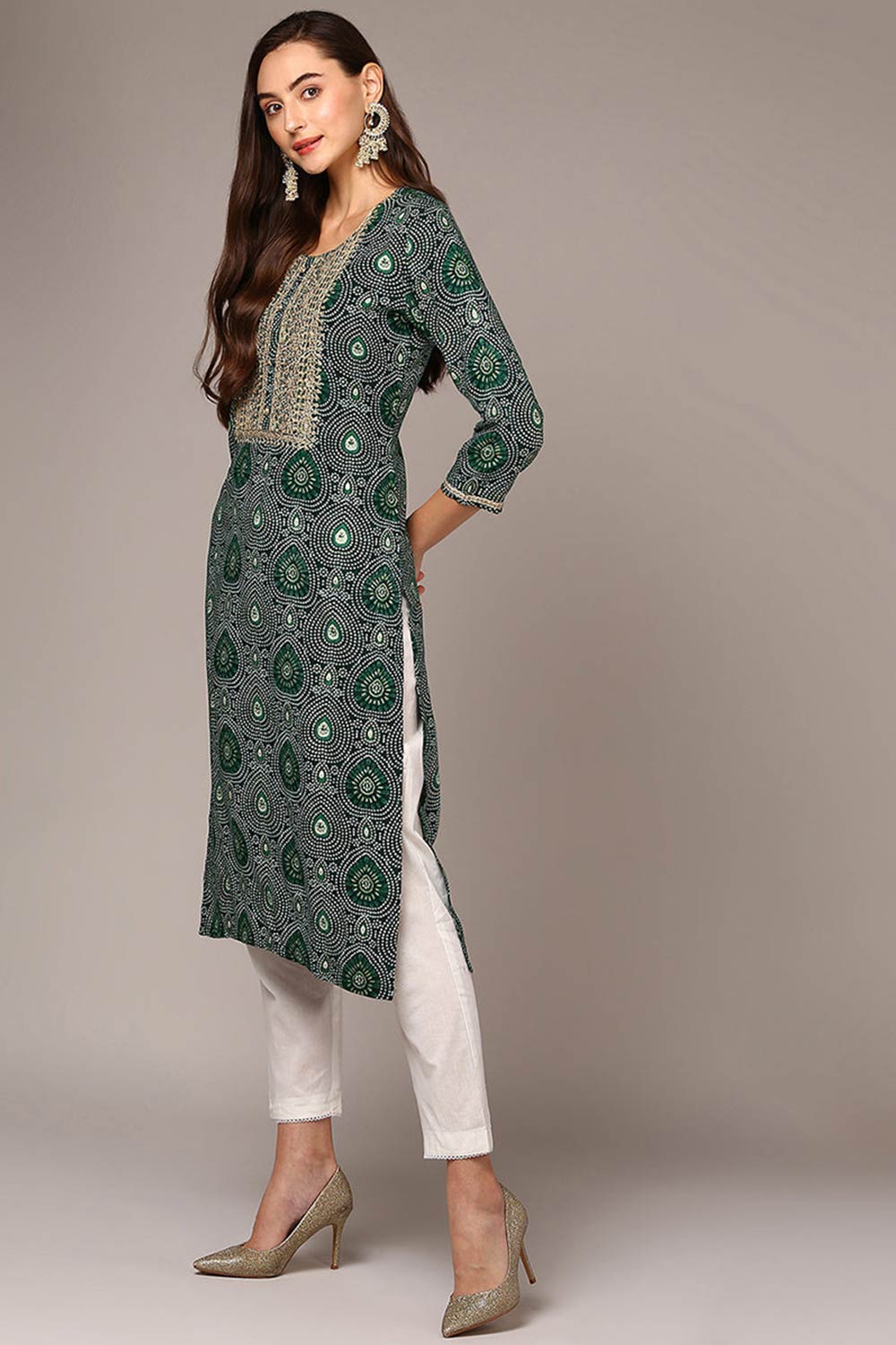 Green Rayon Embroidered Round Neck KurtI Set