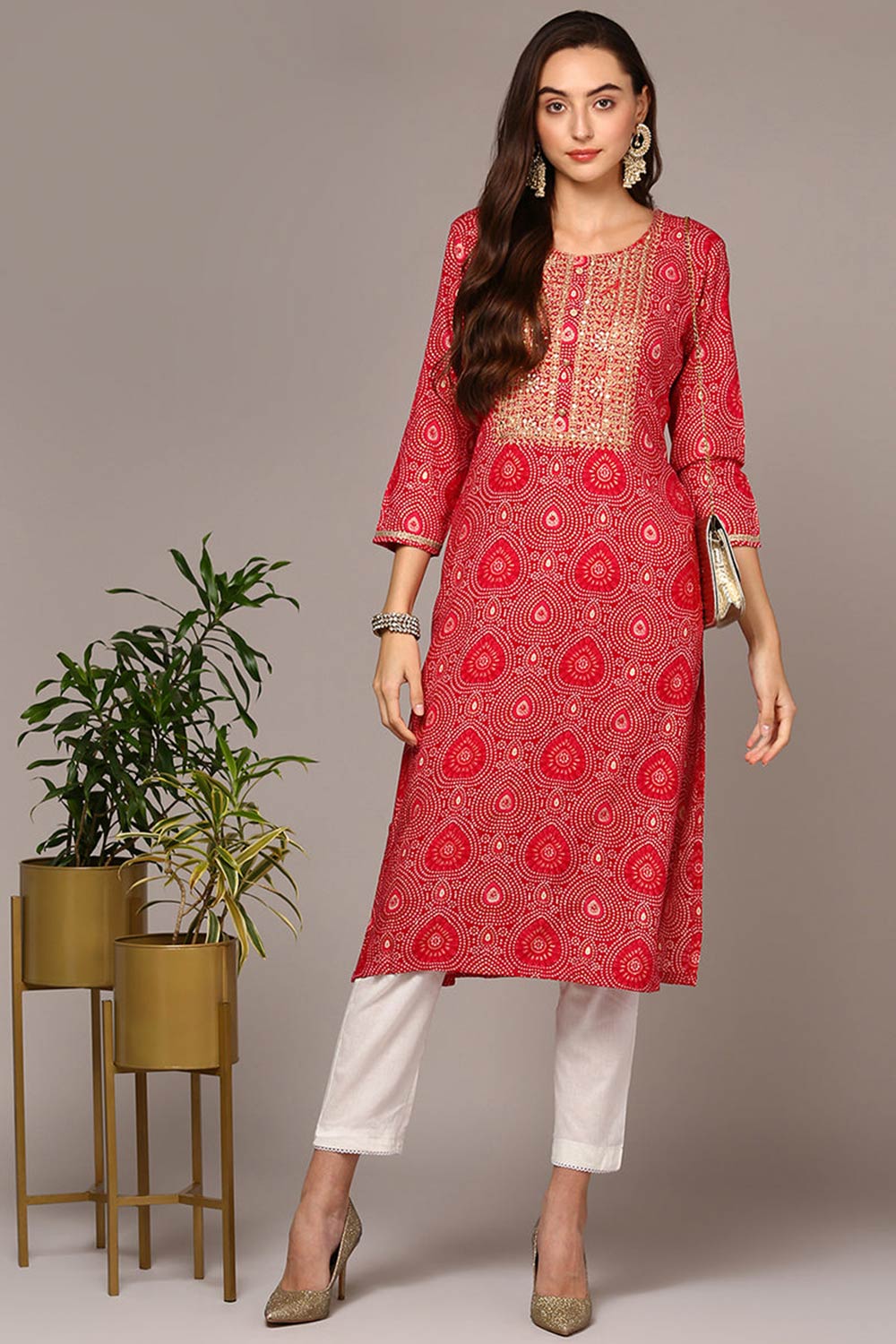 Pink Rayon Keyhole Neck KurtI Set