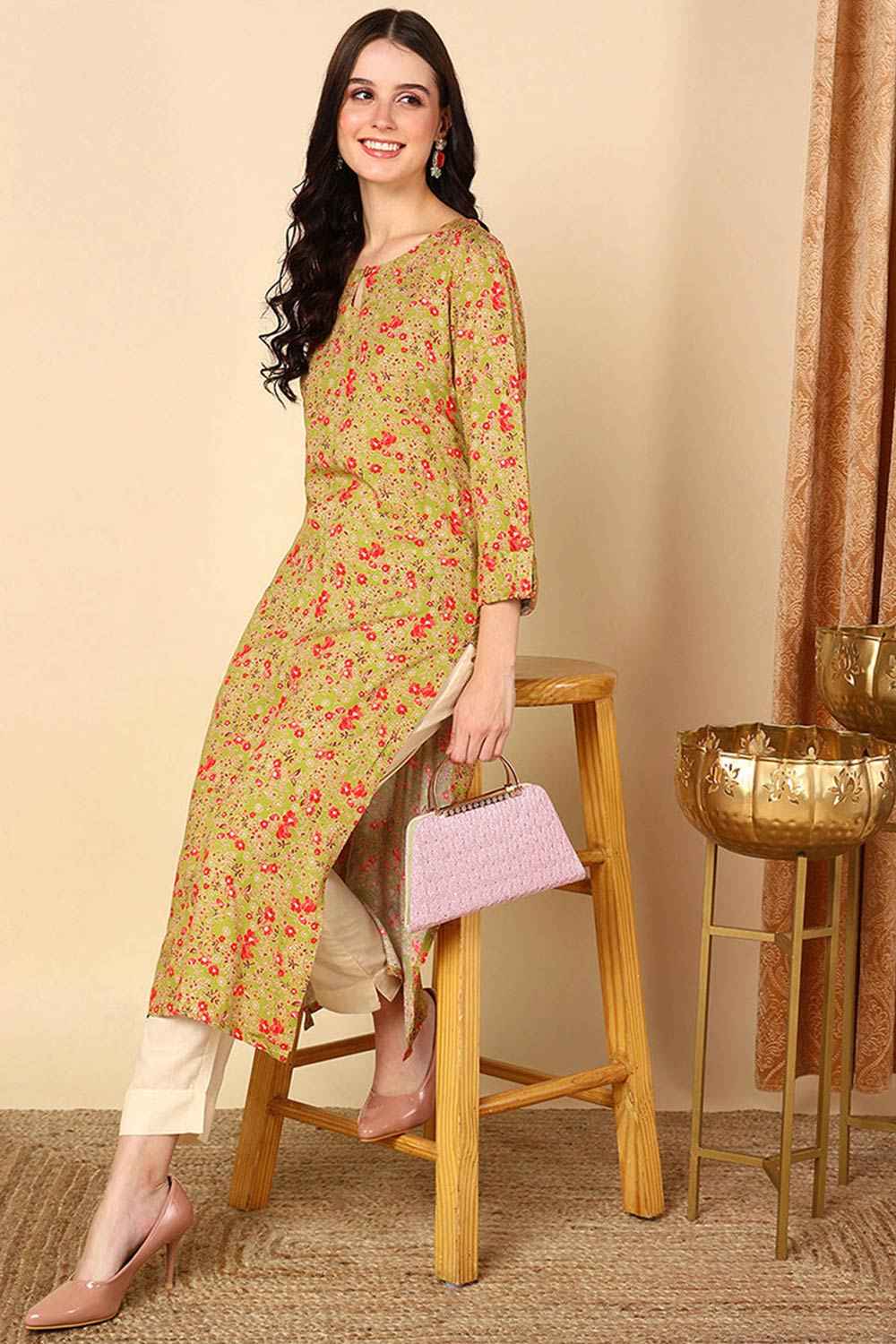 Yellow Rayon Floral Print Keyhole Neck KurtI Set