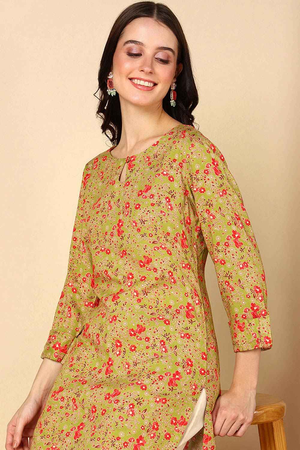 Yellow Rayon Floral Print Keyhole Neck KurtI Set