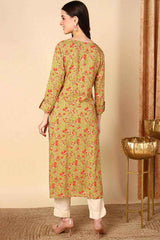 Yellow Rayon Floral Print Keyhole Neck KurtI Set