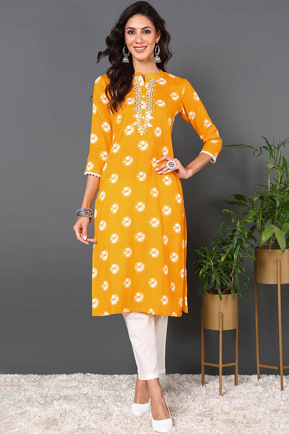 Yellow Cotton Embroidered Round Neck KurtI Set