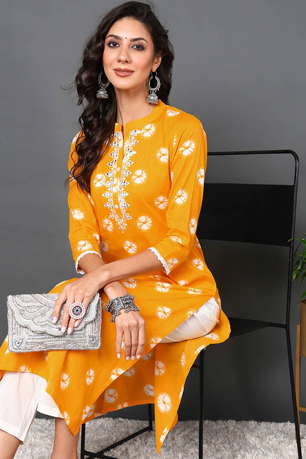 Yellow Cotton Embroidered Round Neck KurtI Set