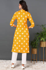 Yellow Cotton Embroidered Round Neck KurtI Set