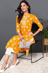 Yellow Cotton Embroidered Round Neck KurtI Set