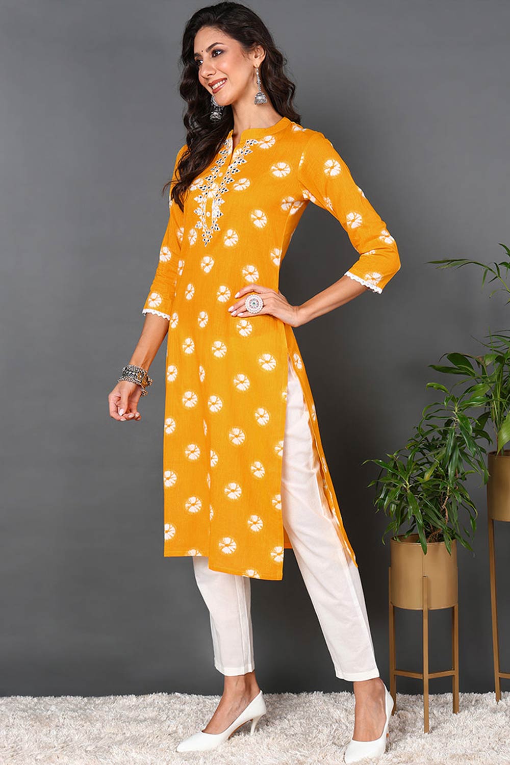 Yellow Cotton Embroidered Round Neck KurtI Set