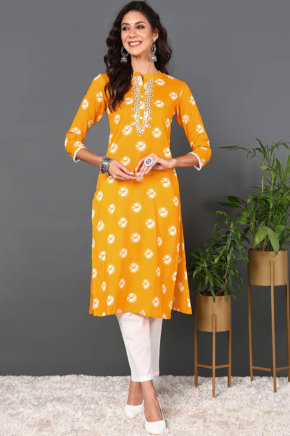 Yellow Cotton Embroidered Round Neck KurtI Set