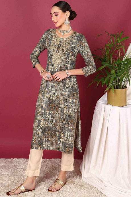 Blue Rayon Printed Straight Fit KurtI Set