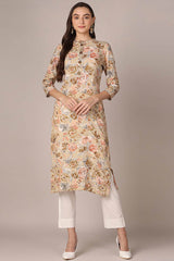 Brown Rayon Floral Print Mandarin Collar KurtI Set