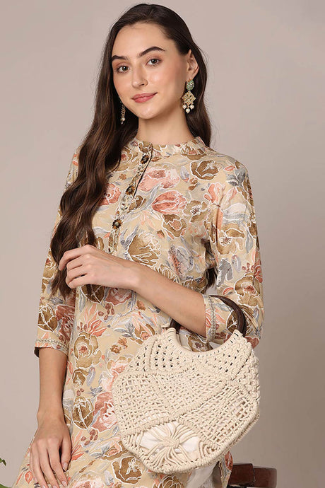 Brown Rayon Floral Print Mandarin Collar KurtI Set