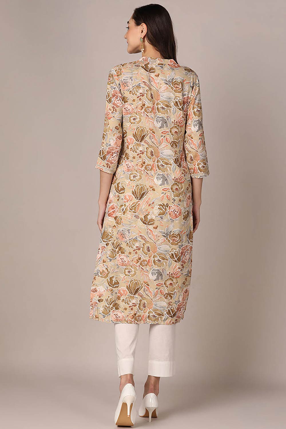 Brown Rayon Floral Print Mandarin Collar KurtI Set