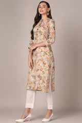 Brown Rayon Floral Print Mandarin Collar KurtI Set