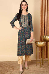 Blue Rayon Printed Straight Fit KurtI Set