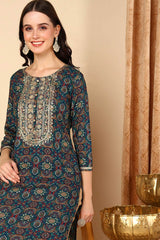 Blue Rayon Printed Straight Fit KurtI Set