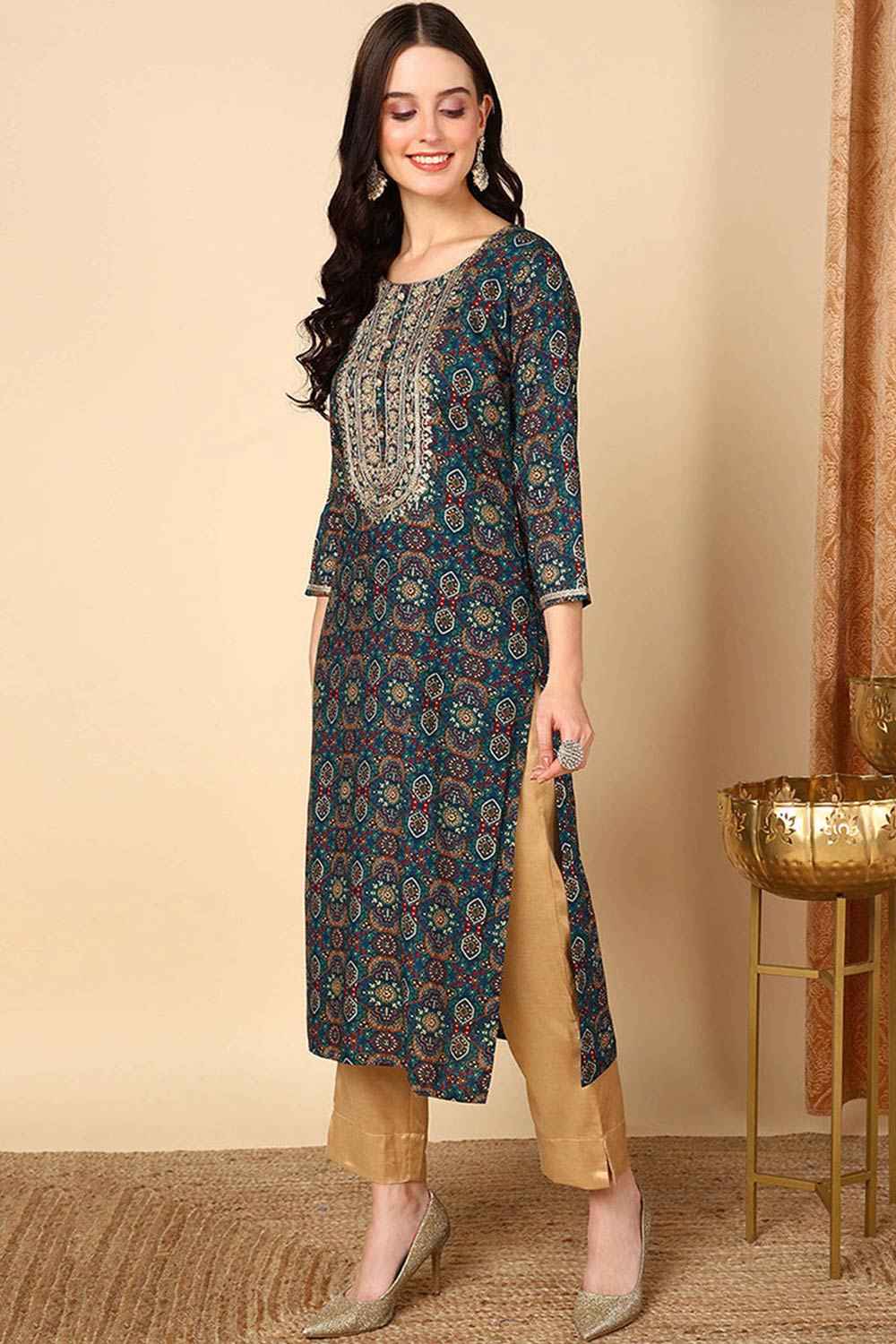 Blue Rayon Printed Straight Fit KurtI Set