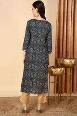 Blue Rayon Printed Straight Fit KurtI Set