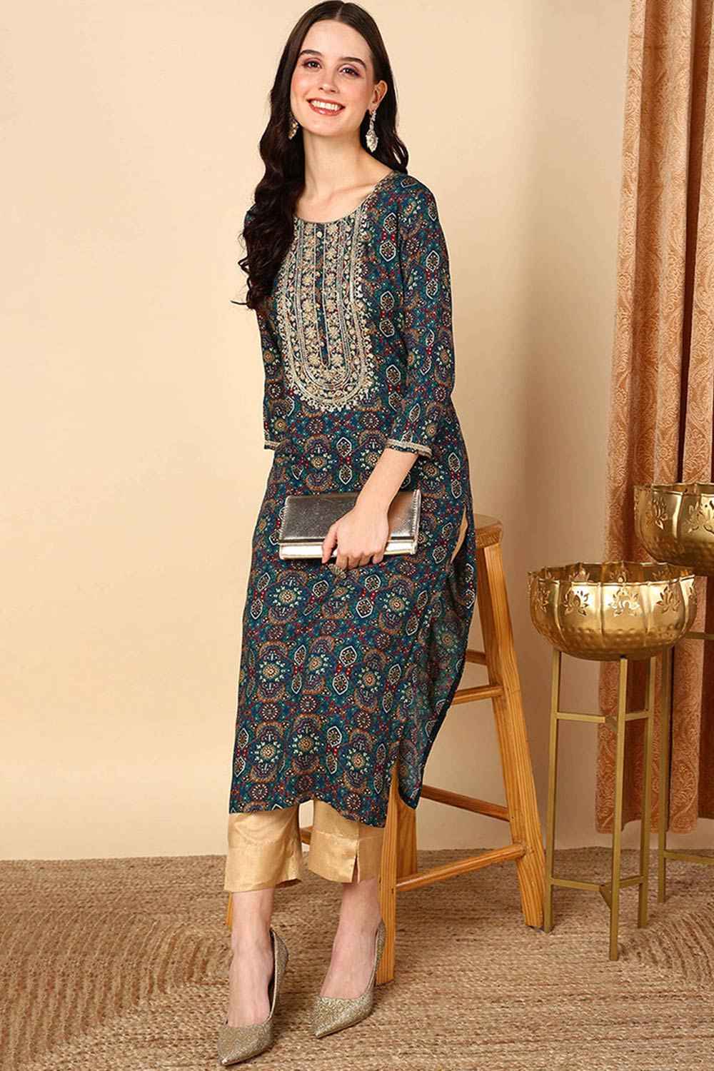 Blue Rayon Printed Straight Fit KurtI Set