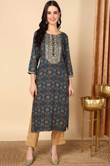 Blue Rayon Printed Straight Fit KurtI Set