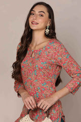 Pink Rayon Embroidered Keyhole Neck KurtI Set