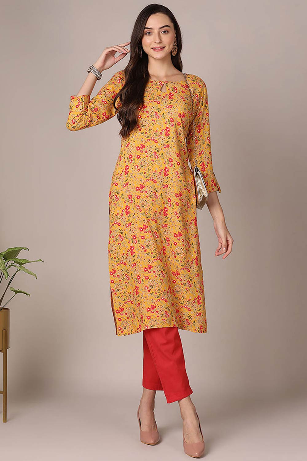 Yellow Rayon Floral Straight Fit KurtI Set