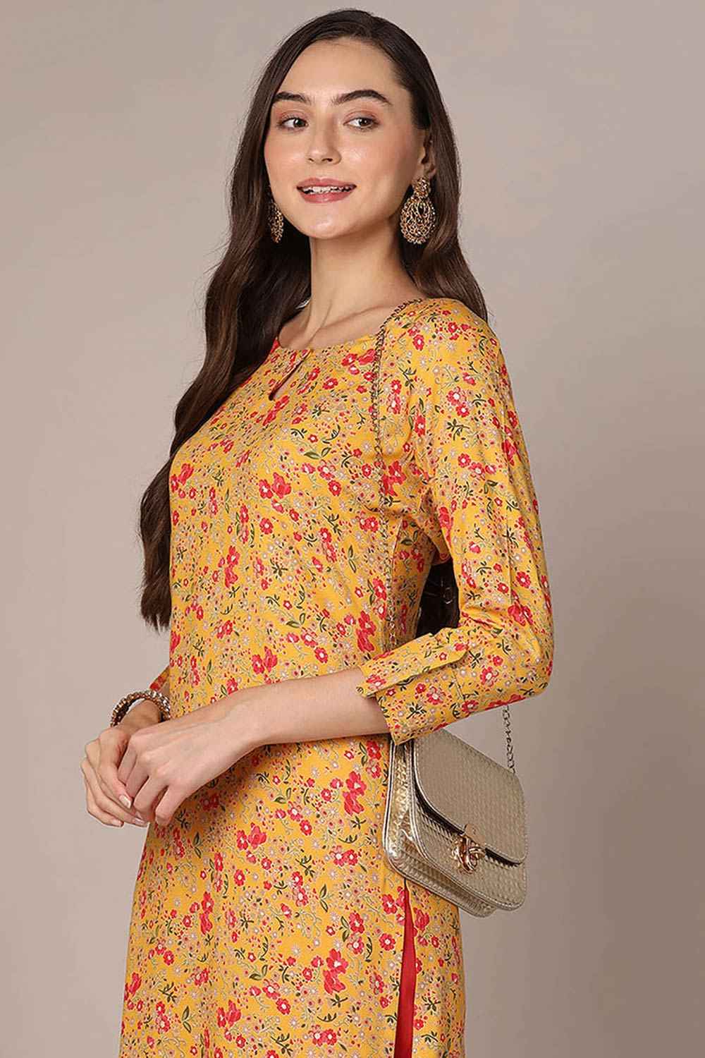 Yellow Rayon Floral Straight Fit KurtI Set