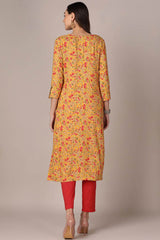 Yellow Rayon Floral Straight Fit KurtI Set