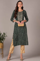 Green Rayon Embroidered Round Neck KurtI Set