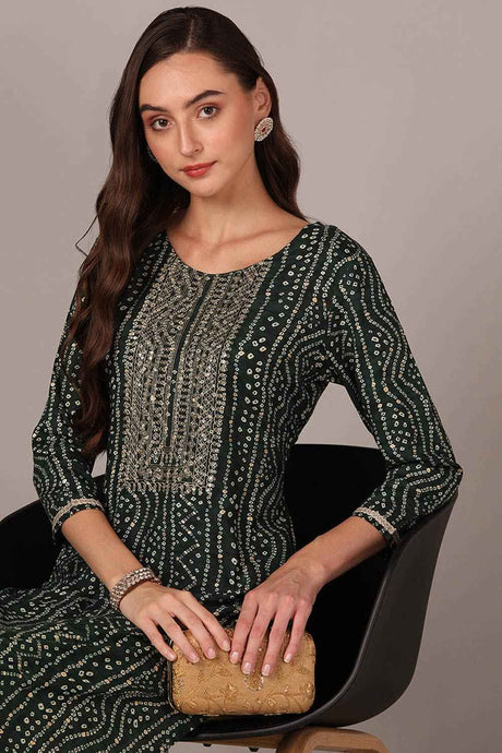 Green Rayon Embroidered Round Neck KurtI Set