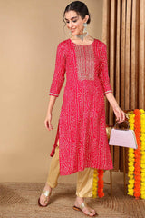 Pink Rayon Floral Print Round Neck KurtI Set