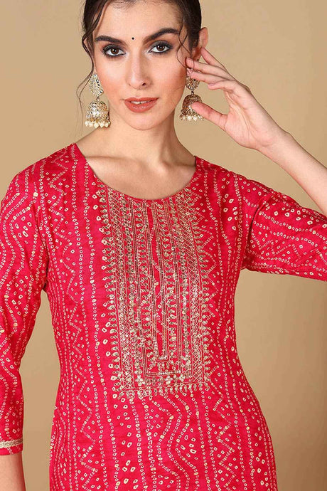 Pink Rayon Floral Print Round Neck KurtI Set