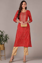 Red Rayon Embroidered Round Neck KurtI Set