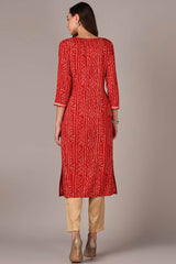 Red Rayon Embroidered Round Neck KurtI Set