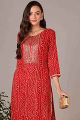 Red Rayon Embroidered Round Neck KurtI Set