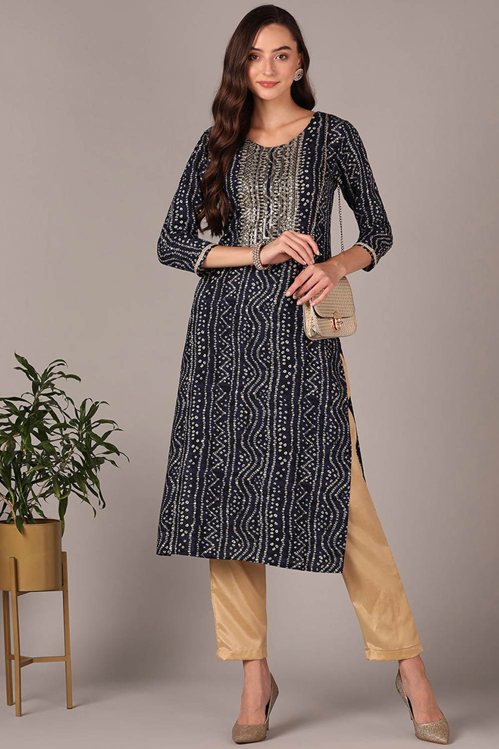 Blue Rayon Floral Print Round Neck KurtI Set