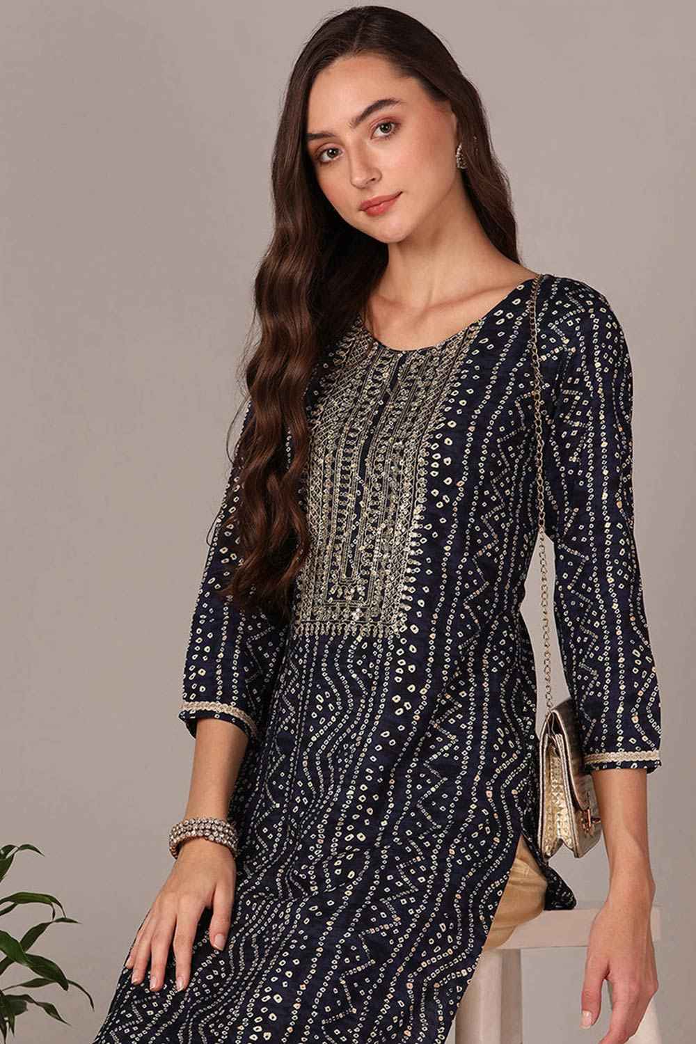 Blue Rayon Floral Print Round Neck KurtI Set