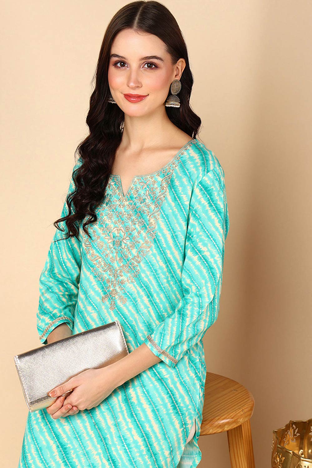 Green Rayon Leheriya Straight Fit KurtI Set