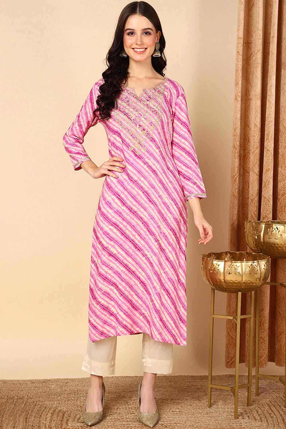 Purple Rayon Leheriya Relaxed Fit KurtI Set