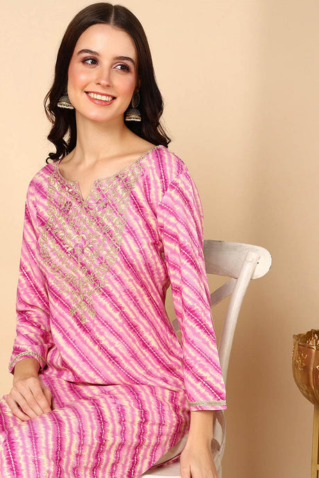 Purple Rayon Leheriya Relaxed Fit Kurta Set