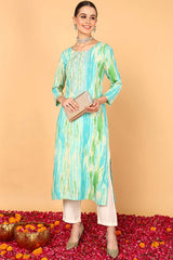 Blue Rayon Bandhani Round Neck KurtI Set