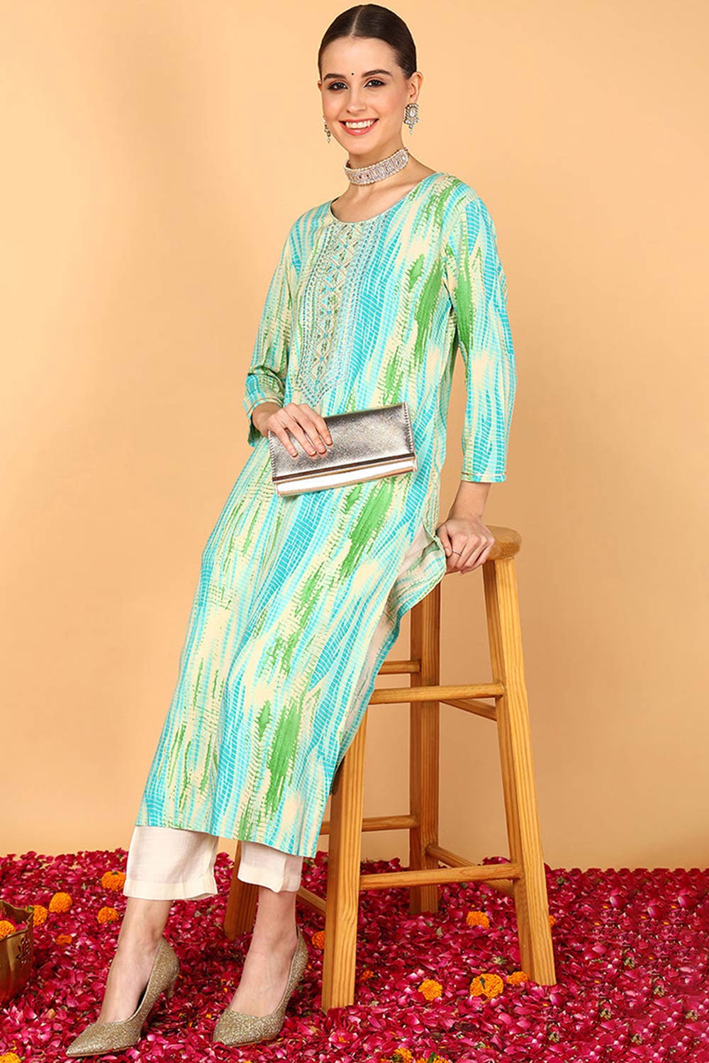 Blue Rayon Bandhani Round Neck KurtI Set